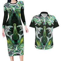 New Zealand Mere Pounamu Weapon Couples Matching Long Sleeve Bodycon Dress and Hawaiian Shirt Aotearoa Mango Paua Shell Maori Pattern LT22 Green - Polynesian Pride