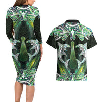 New Zealand Mere Pounamu Weapon Couples Matching Long Sleeve Bodycon Dress and Hawaiian Shirt Aotearoa Mango Paua Shell Maori Pattern LT22 - Polynesian Pride