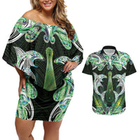 New Zealand Mere Pounamu Weapon Couples Matching Off Shoulder Short Dress and Hawaiian Shirt Aotearoa Mango Paua Shell Maori Pattern