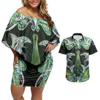 New Zealand Mere Pounamu Weapon Couples Matching Off Shoulder Short Dress and Hawaiian Shirt Aotearoa Mango Paua Shell Maori Pattern LT22 Green - Polynesian Pride