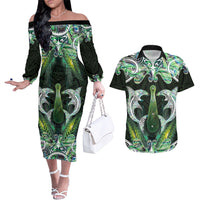New Zealand Mere Pounamu Weapon Couples Matching Off The Shoulder Long Sleeve Dress and Hawaiian Shirt Aotearoa Mango Paua Shell Maori Pattern LT22 Green - Polynesian Pride