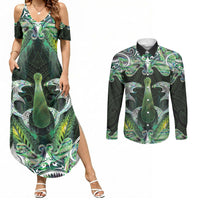 New Zealand Mere Pounamu Weapon Couples Matching Summer Maxi Dress and Long Sleeve Button Shirt Aotearoa Mango Paua Shell Maori Pattern LT22 Green - Polynesian Pride