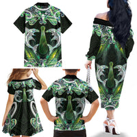 New Zealand Mere Pounamu Weapon Family Matching Off The Shoulder Long Sleeve Dress and Hawaiian Shirt Aotearoa Mango Paua Shell Maori Pattern LT22 - Polynesian Pride