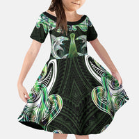 New Zealand Mere Pounamu Weapon Family Matching Off Shoulder Short Dress and Hawaiian Shirt Aotearoa Mango Paua Shell Maori Pattern LT22 Daughter's Dress Green - Polynesian Pride