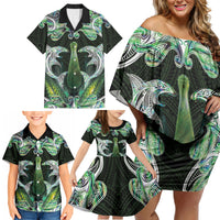 New Zealand Mere Pounamu Weapon Family Matching Off Shoulder Short Dress and Hawaiian Shirt Aotearoa Mango Paua Shell Maori Pattern LT22 - Polynesian Pride