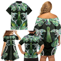 New Zealand Mere Pounamu Weapon Family Matching Off Shoulder Short Dress and Hawaiian Shirt Aotearoa Mango Paua Shell Maori Pattern LT22 Mom's Dress Green - Polynesian Pride