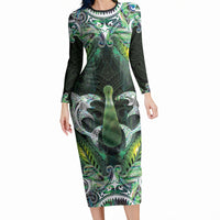 New Zealand Mere Pounamu Weapon Long Sleeve Bodycon Dress Aotearoa Mango Paua Shell Maori Pattern LT22 Long Dress Green - Polynesian Pride