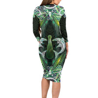 New Zealand Mere Pounamu Weapon Long Sleeve Bodycon Dress Aotearoa Mango Paua Shell Maori Pattern LT22 - Polynesian Pride