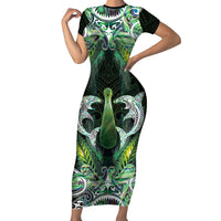 New Zealand Mere Pounamu Weapon Short Sleeve Bodycon Dress Aotearoa Mango Paua Shell Maori Pattern LT22 Long Dress Green - Polynesian Pride