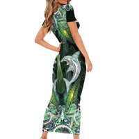 New Zealand Mere Pounamu Weapon Short Sleeve Bodycon Dress Aotearoa Mango Paua Shell Maori Pattern LT22 - Polynesian Pride