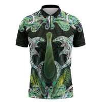 New Zealand Mere Pounamu Weapon Zipper Polo Shirt Aotearoa Mango Paua Shell Maori Pattern LT22 Green - Polynesian Pride