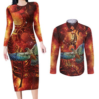 New Zealand Kea Bird Matariki Personalised Couples Matching Long Sleeve Bodycon Dress and Long Sleeve Button Shirt Silver Fern Maori Pattern LT22 Orange - Polynesian Pride