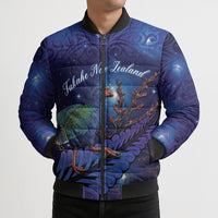 Takahe New Zealand Personalised Bomber Puffer Jacket Harakeke Silver Fern Maori Pattern