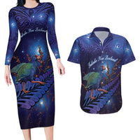 Takahe New Zealand Personalised Couples Matching Long Sleeve Bodycon Dress and Hawaiian Shirt Harakeke Silver Fern Maori Pattern LT22 Blue - Polynesian Pride