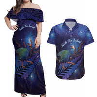 Takahe New Zealand Personalised Couples Matching Off Shoulder Maxi Dress and Hawaiian Shirt Harakeke Silver Fern Maori Pattern