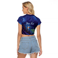 Takahe New Zealand Personalised Raglan Cropped T Shirt Harakeke Silver Fern Maori Pattern