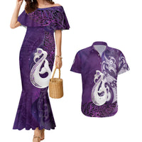 New Zealand Matariki Couples Matching Mermaid Dress and Hawaiian Shirt Maori Manaia Galaxy Silver Fern Purple Color LT22 Purple - Polynesian Pride