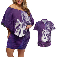 New Zealand Matariki Couples Matching Off Shoulder Short Dress and Hawaiian Shirt Maori Manaia Galaxy Silver Fern Purple Color LT22 Purple - Polynesian Pride