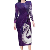 New Zealand Matariki Family Matching Long Sleeve Bodycon Dress and Hawaiian Shirt Maori Manaia Galaxy Silver Fern Purple Color LT22 Mom's Dress Purple - Polynesian Pride