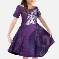 New Zealand Matariki Family Matching Off The Shoulder Long Sleeve Dress and Hawaiian Shirt Maori Manaia Galaxy Silver Fern Purple Color LT22 Daughter's Dress Purple - Polynesian Pride