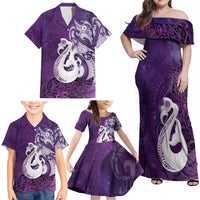 New Zealand Matariki Family Matching Off Shoulder Maxi Dress and Hawaiian Shirt Maori Manaia Galaxy Silver Fern Purple Color LT22 - Polynesian Pride