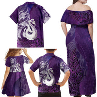 New Zealand Matariki Family Matching Off Shoulder Maxi Dress and Hawaiian Shirt Maori Manaia Galaxy Silver Fern Purple Color LT22 - Polynesian Pride