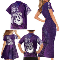 New Zealand Matariki Family Matching Short Sleeve Bodycon Dress and Hawaiian Shirt Maori Manaia Galaxy Silver Fern Purple Color LT22 - Polynesian Pride