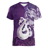 New Zealand Matariki Women V-Neck T-Shirt Maori Manaia Galaxy Silver Fern Purple Color LT22 Female Purple - Polynesian Pride