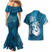 New Zealand Matariki Couples Matching Mermaid Dress and Hawaiian Shirt Maori Manaia Galaxy Silver Fern Blue Color LT22 - Polynesian Pride