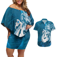 New Zealand Matariki Couples Matching Off Shoulder Short Dress and Hawaiian Shirt Maori Manaia Galaxy Silver Fern Blue Color LT22 Blue - Polynesian Pride