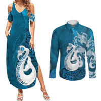 New Zealand Matariki Couples Matching Summer Maxi Dress and Long Sleeve Button Shirt Maori Manaia Galaxy Silver Fern Blue Color LT22 Blue - Polynesian Pride
