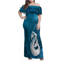 New Zealand Matariki Family Matching Off Shoulder Maxi Dress and Hawaiian Shirt Maori Manaia Galaxy Silver Fern Blue Color LT22 Mom's Dress Blue - Polynesian Pride