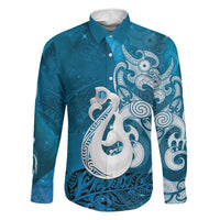 New Zealand Matariki Family Matching Short Sleeve Bodycon Dress and Hawaiian Shirt Maori Manaia Galaxy Silver Fern Blue Color LT22 Dad's Shirt - Long Sleeve Blue - Polynesian Pride