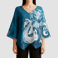 New Zealand Matariki Kimono Sleeve Blouse Maori Manaia Galaxy Silver Fern Blue Color