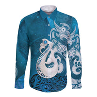 New Zealand Matariki Long Sleeve Button Shirt Maori Manaia Galaxy Silver Fern Blue Color
