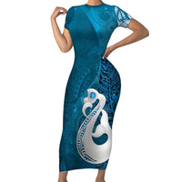 New Zealand Matariki Short Sleeve Bodycon Dress Maori Manaia Galaxy Silver Fern Blue Color LT22 Long Dress Blue - Polynesian Pride