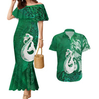 New Zealand Matariki Couples Matching Mermaid Dress and Hawaiian Shirt Maori Manaia Galaxy Silver Fern Green Color LT22 Green - Polynesian Pride