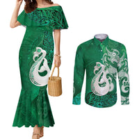New Zealand Matariki Couples Matching Mermaid Dress and Long Sleeve Button Shirt Maori Manaia Galaxy Silver Fern Green Color LT22 Green - Polynesian Pride