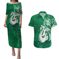 New Zealand Matariki Couples Matching Puletasi and Hawaiian Shirt Maori Manaia Galaxy Silver Fern Green Color LT22 Green - Polynesian Pride
