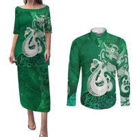 New Zealand Matariki Couples Matching Puletasi and Long Sleeve Button Shirt Maori Manaia Galaxy Silver Fern Green Color LT22 Green - Polynesian Pride