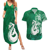 New Zealand Matariki Couples Matching Summer Maxi Dress and Hawaiian Shirt Maori Manaia Galaxy Silver Fern Green Color LT22 Green - Polynesian Pride