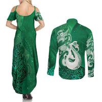 New Zealand Matariki Couples Matching Summer Maxi Dress and Long Sleeve Button Shirt Maori Manaia Galaxy Silver Fern Green Color LT22 - Polynesian Pride