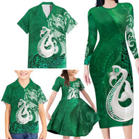 New Zealand Matariki Family Matching Long Sleeve Bodycon Dress and Hawaiian Shirt Maori Manaia Galaxy Silver Fern Green Color LT22 - Polynesian Pride