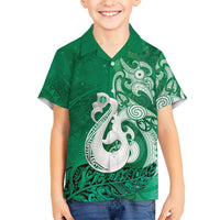 New Zealand Matariki Family Matching Long Sleeve Bodycon Dress and Hawaiian Shirt Maori Manaia Galaxy Silver Fern Green Color LT22 Son's Shirt Green - Polynesian Pride