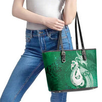 New Zealand Matariki Leather Tote Bag Maori Manaia Galaxy Silver Fern Green Color LT22 - Polynesian Pride