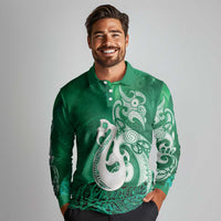 New Zealand Matariki Long Sleeve Polo Shirt Maori Manaia Galaxy Silver Fern Green Color LT22 - Polynesian Pride