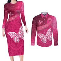 New Zealand Breast Cancer Awareness Couples Matching Long Sleeve Bodycon Dress and Long Sleeve Button Shirt Pink Ribbon Butterfly Maori Pattern LT22 Pink - Polynesian Pride