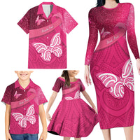 New Zealand Breast Cancer Awareness Family Matching Long Sleeve Bodycon Dress and Hawaiian Shirt Pink Ribbon Butterfly Maori Pattern LT22 - Polynesian Pride