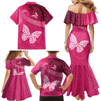 New Zealand Breast Cancer Awareness Family Matching Mermaid Dress and Hawaiian Shirt Pink Ribbon Butterfly Maori Pattern LT22 - Polynesian Pride