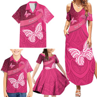New Zealand Breast Cancer Awareness Family Matching Summer Maxi Dress and Hawaiian Shirt Pink Ribbon Butterfly Maori Pattern LT22 - Polynesian Pride